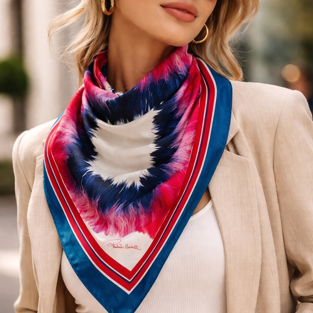 Roberto Cavalli 100% Silk Scarf 35x35 Red Blue Feather Print Made in Italy EUC